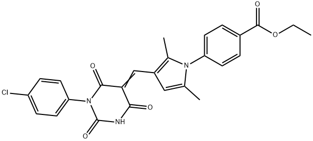 ethyl 4-{3-[(1-(4-chlorophenyl)-2,4,6-trioxotetrahydro-5(2H)-pyrimidinylidene)methyl]-2,5-dimethyl-1H-pyrrol-1-yl}benzoate Struktur