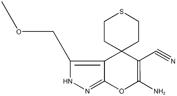 6-amino-5-cyano-3-(methoxymethyl)-2,3',4,4',5',6'-hexahydrospiro[pyrano[2,3-c]pyrazole-4,4'-(2'H)-thiopyran] Struktur