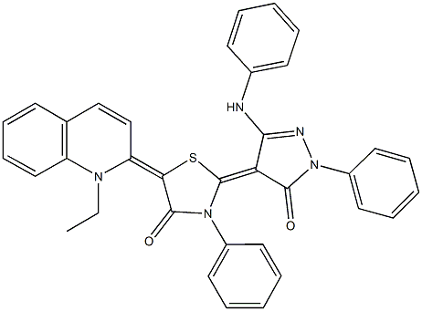 2-(3-anilino-5-oxo-1-phenyl-1,5-dihydro-4H-pyrazol-4-ylidene)-5-(1-ethyl-2(1H)-quinolinylidene)-3-phenyl-1,3-thiazolidin-4-one Struktur