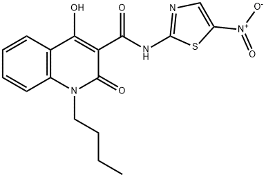 1-butyl-4-hydroxy-N-{5-nitro-1,3-thiazol-2-yl}-2-oxo-1,2-dihydroquinoline-3-carboxamide Struktur