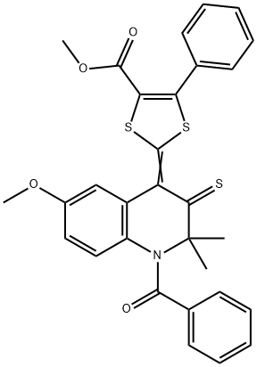 methyl 2-(1-benzoyl-6-methoxy-2,2-dimethyl-3-thioxo-2,3-dihydro-4(1H)-quinolinylidene)-5-phenyl-1,3-dithiole-4-carboxylate Struktur