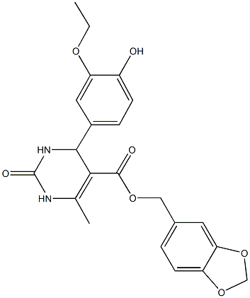 1,3-benzodioxol-5-ylmethyl 4-(3-ethoxy-4-hydroxyphenyl)-6-methyl-2-oxo-1,2,3,4-tetrahydro-5-pyrimidinecarboxylate Struktur