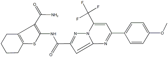 N-[3-(aminocarbonyl)-4,5,6,7-tetrahydro-1-benzothien-2-yl]-5-(4-methoxyphenyl)-7-(trifluoromethyl)pyrazolo[1,5-a]pyrimidine-2-carboxamide Struktur