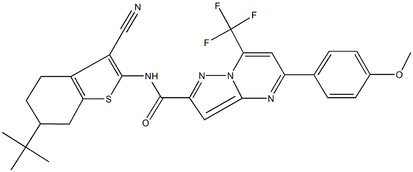 N-(6-tert-butyl-3-cyano-4,5,6,7-tetrahydro-1-benzothien-2-yl)-5-(4-methoxyphenyl)-7-(trifluoromethyl)pyrazolo[1,5-a]pyrimidine-2-carboxamide Struktur