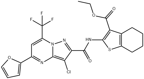 ethyl 2-({[3-chloro-5-(2-furyl)-7-(trifluoromethyl)pyrazolo[1,5-a]pyrimidin-2-yl]carbonyl}amino)-4,5,6,7-tetrahydro-1-benzothiophene-3-carboxylate Struktur