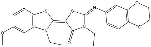 2-(2,3-dihydro-1,4-benzodioxin-6-ylimino)-3-ethyl-5-(3-ethyl-5-methoxy-1,3-benzothiazol-2(3H)-ylidene)-1,3-thiazolidin-4-one Struktur