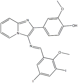 4-{3-[(3,5-diiodo-2-methoxybenzylidene)amino]imidazo[1,2-a]pyridin-2-yl}-2-methoxyphenol Struktur