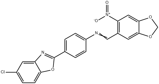 5-chloro-2-{4-[({6-nitro-1,3-benzodioxol-5-yl}methylene)amino]phenyl}-1,3-benzoxazole Struktur