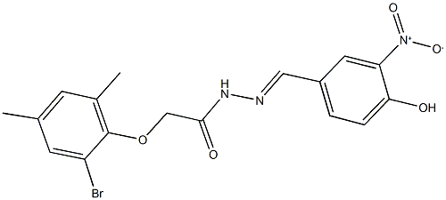 2-(2-bromo-4,6-dimethylphenoxy)-N'-{4-hydroxy-3-nitrobenzylidene}acetohydrazide Struktur