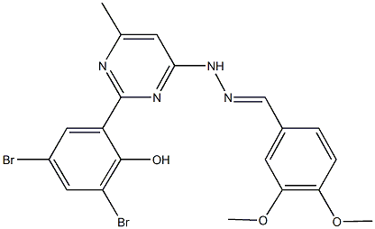 3,4-dimethoxybenzaldehyde [2-(3,5-dibromo-2-hydroxyphenyl)-6-methyl-4-pyrimidinyl]hydrazone Struktur