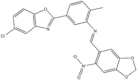 5-chloro-2-{3-[({6-nitro-1,3-benzodioxol-5-yl}methylene)amino]-4-methylphenyl}-1,3-benzoxazole Struktur