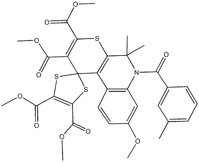 tetramethyl 8'-methoxy-5',5'-dimethyl-6'-(3-methylbenzoyl)-5',6'-dihydrospiro(1,3-dithiole-2,1'-[1'H]-thiopyrano[2,3-c]quinoline)-2',3',4,5-tetracarboxylate Struktur