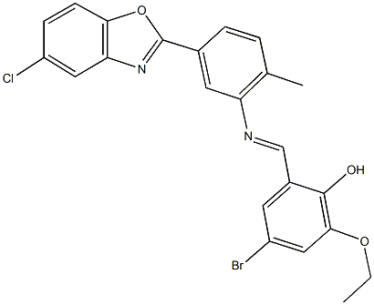 4-bromo-2-({[5-(5-chloro-1,3-benzoxazol-2-yl)-2-methylphenyl]imino}methyl)-6-ethoxyphenol Struktur