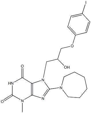 8-(1-azepanyl)-7-[2-hydroxy-3-(4-iodophenoxy)propyl]-3-methyl-3,7-dihydro-1H-purine-2,6-dione Struktur