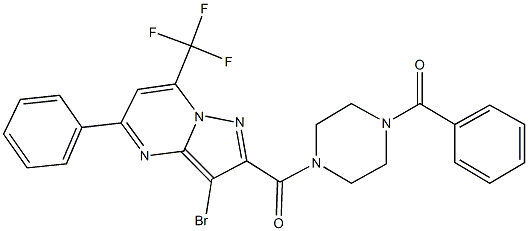 3-bromo-5-phenyl-2-{[4-(phenylcarbonyl)piperazin-1-yl]carbonyl}-7-(trifluoromethyl)pyrazolo[1,5-a]pyrimidine Struktur