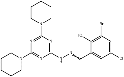 3-bromo-5-chloro-2-hydroxybenzaldehyde (4,6-dipiperidin-1-yl-1,3,5-triazin-2-yl)hydrazone Struktur