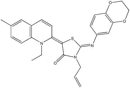 3-allyl-2-(2,3-dihydro-1,4-benzodioxin-6-ylimino)-5-(1-ethyl-6-methyl-2(1H)-quinolinylidene)-1,3-thiazolidin-4-one Struktur