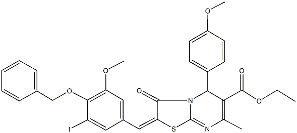 ethyl 2-[4-(benzyloxy)-3-iodo-5-methoxybenzylidene]-5-(4-methoxyphenyl)-7-methyl-3-oxo-2,3-dihydro-5H-[1,3]thiazolo[3,2-a]pyrimidine-6-carboxylate Struktur