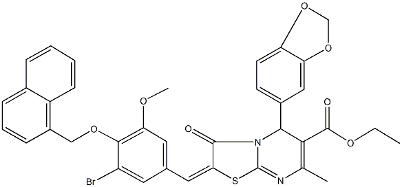 ethyl 5-(1,3-benzodioxol-5-yl)-2-[3-bromo-5-methoxy-4-(1-naphthylmethoxy)benzylidene]-7-methyl-3-oxo-2,3-dihydro-5H-[1,3]thiazolo[3,2-a]pyrimidine-6-carboxylate Struktur