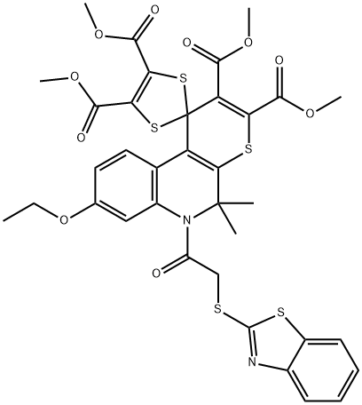 2,3,4',5'-tetramethoxycarbonyl-6-[(1,3-benzothiazol-2-ylsulfanyl)acetyl]-8-ethoxy-5,5-dimethyl-5,6-dihydro- spiro[1H-thiopyrano[2,3-c]quinoline-1,2'-(1',3'-dithiole)] Struktur