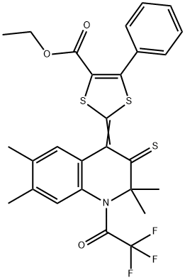 ethyl 5-phenyl-2-(2,2,6,7-tetramethyl-3-thioxo-1-(trifluoroacetyl)-2,3-dihydro-4(1H)-quinolinylidene)-1,3-dithiole-4-carboxylate Struktur