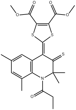 dimethyl 2-(2,2,6,8-tetramethyl-1-propionyl-3-thioxo-2,3-dihydro-4(1H)-quinolinylidene)-1,3-dithiole-4,5-dicarboxylate Struktur