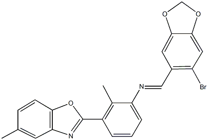 N-[(6-bromo-1,3-benzodioxol-5-yl)methylene]-N-[2-methyl-3-(5-methyl-1,3-benzoxazol-2-yl)phenyl]amine Struktur