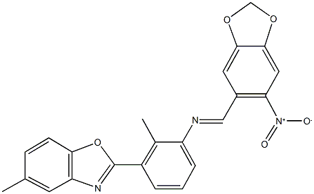 2-{3-[({6-nitro-1,3-benzodioxol-5-yl}methylene)amino]-2-methylphenyl}-5-methyl-1,3-benzoxazole Struktur