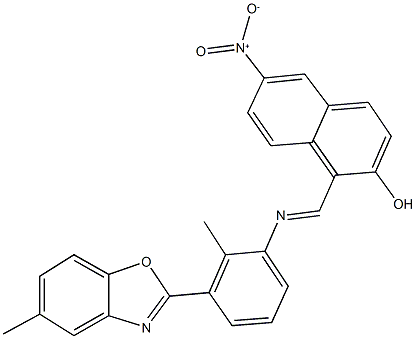 6-nitro-1-({[2-methyl-3-(5-methyl-1,3-benzoxazol-2-yl)phenyl]imino}methyl)-2-naphthol Struktur