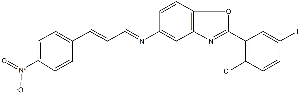 2-(2-chloro-5-iodophenyl)-5-[(3-{4-nitrophenyl}-2-propenylidene)amino]-1,3-benzoxazole Struktur