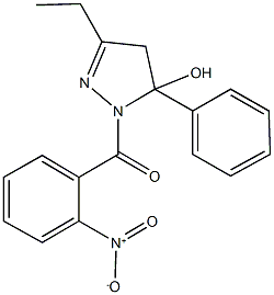 3-ethyl-1-{2-nitrobenzoyl}-5-phenyl-4,5-dihydro-1H-pyrazol-5-ol Struktur