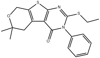 2-(ethylsulfanyl)-6,6-dimethyl-3-phenyl-3,5,6,8-tetrahydro-4H-pyrano[4',3':4,5]thieno[2,3-d]pyrimidin-4-one Struktur