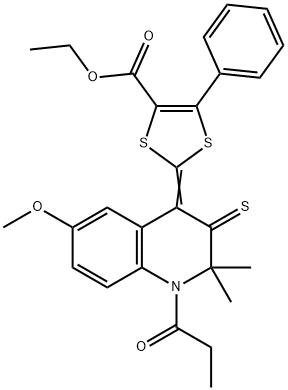 ethyl 2-(6-methoxy-2,2-dimethyl-1-propionyl-3-thioxo-2,3-dihydro-4(1H)-quinolinylidene)-5-phenyl-1,3-dithiole-4-carboxylate Struktur