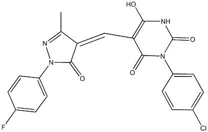 3-(4-chlorophenyl)-5-{[1-(4-fluorophenyl)-3-methyl-5-oxo-1,5-dihydro-4H-pyrazol-4-ylidene]methyl}-6-hydroxy-2,4(1H,3H)-pyrimidinedione Struktur