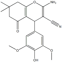 2-amino-4-(4-hydroxy-3,5-dimethoxyphenyl)-7,7-dimethyl-5-oxo-5,6,7,8-tetrahydro-4H-chromene-3-carbonitrile Struktur