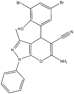 6-amino-4-(3,5-dibromo-2-hydroxyphenyl)-3-methyl-1-phenyl-1,4-dihydropyrano[2,3-c]pyrazole-5-carbonitrile Struktur