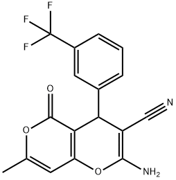 2-amino-7-methyl-5-oxo-4-[3-(trifluoromethyl)phenyl]-4H,5H-pyrano[4,3-b]pyran-3-carbonitrile Struktur