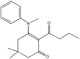 2-butyryl-5,5-dimethyl-3-(methylanilino)-2-cyclohexen-1-one Struktur