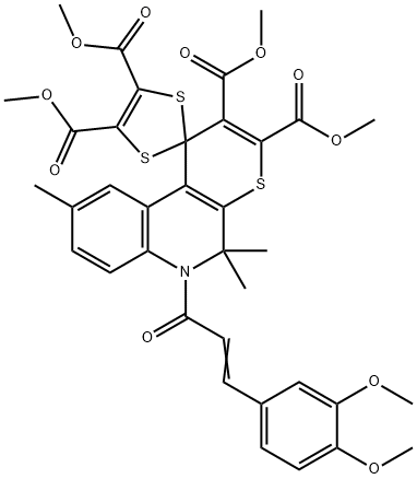 tetramethyl 6'-[3-(3,4-dimethoxyphenyl)acryloyl]-5',5',9'-trimethyl-5',6'-dihydrospiro(1,3-dithiole-2,1'-[1'H]-thiopyrano[2,3-c]quinoline)-2',3',4,5-tetracarboxylate Struktur