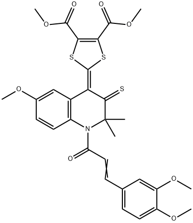 dimethyl 2-(1-[3-(3,4-dimethoxyphenyl)acryloyl]-6-methoxy-2,2-dimethyl-3-thioxo-2,3-dihydro-4(1H)-quinolinylidene)-1,3-dithiole-4,5-dicarboxylate Struktur