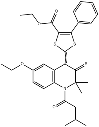 ethyl 2-(6-ethoxy-2,2-dimethyl-1-(3-methylbutanoyl)-3-thioxo-2,3-dihydro-4(1H)-quinolinylidene)-5-phenyl-1,3-dithiole-4-carboxylate Struktur