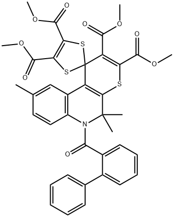 tetramethyl 6-([1,1'-biphenyl]-2-ylcarbonyl)-5,5,9-trimethyl-5,6-dihydrospiro(1H-thiopyrano[2,3-c]quinoline-1,2'-[1,3]-dithiole)-2,3,4',5'-tetracarboxylate Struktur