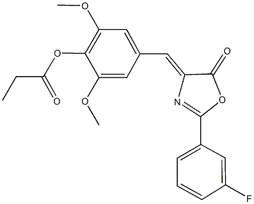 4-[(2-(3-fluorophenyl)-5-oxo-1,3-oxazol-4(5H)-ylidene)methyl]-2,6-dimethoxyphenyl propionate Struktur