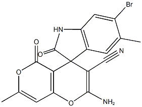 2-amino-6'-bromo-3-cyano-1',3'-dihydro-2',7-dimethyl-2',5-dioxospiro(4H,5H-pyrano[4,3-b]pyran-4,3'-2H-indole) Struktur