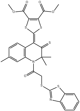 dimethyl 2-(1-[(1,3-benzothiazol-2-ylsulfanyl)acetyl]-2,2,7-trimethyl-3-thioxo-2,3-dihydro-4(1H)-quinolinylidene)-1,3-dithiole-4,5-dicarboxylate Struktur