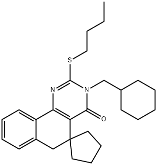 2-(butylsulfanyl)-3-(cyclohexylmethyl)-5,6-dihydrospiro(benzo[h]quinazoline-5,1'-cyclopentane)-4(3H)-one Struktur