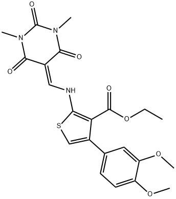 ethyl 4-(3,4-dimethoxyphenyl)-2-{[(1,3-dimethyl-2,4,6-trioxotetrahydro-5(2H)-pyrimidinylidene)methyl]amino}-3-thiophenecarboxylate Struktur