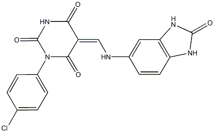 1-(4-chlorophenyl)-5-{[(2-oxo-2,3-dihydro-1H-benzimidazol-5-yl)amino]methylene}-2,4,6(1H,3H,5H)-pyrimidinetrione Struktur