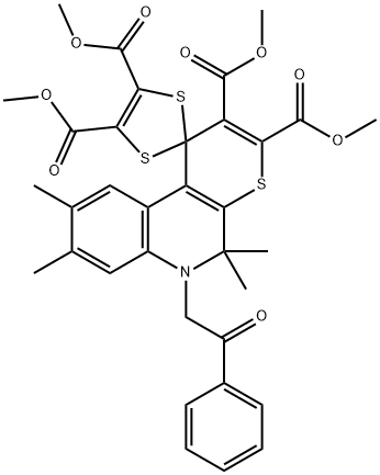 tetramethyl 5',5',8',9'-tetramethyl-6'-(2-oxo-2-phenylethyl)-5',6'-dihydrospiro[1,3-dithiole-2,1'-(1'H)-thiopyrano[2,3-c]quinoline]-2',3',4,5-tetracarboxylate Struktur