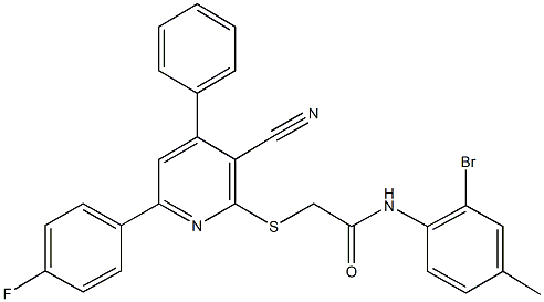 N-(2-bromo-4-methylphenyl)-2-{[3-cyano-6-(4-fluorophenyl)-4-phenyl-2-pyridinyl]sulfanyl}acetamide Struktur